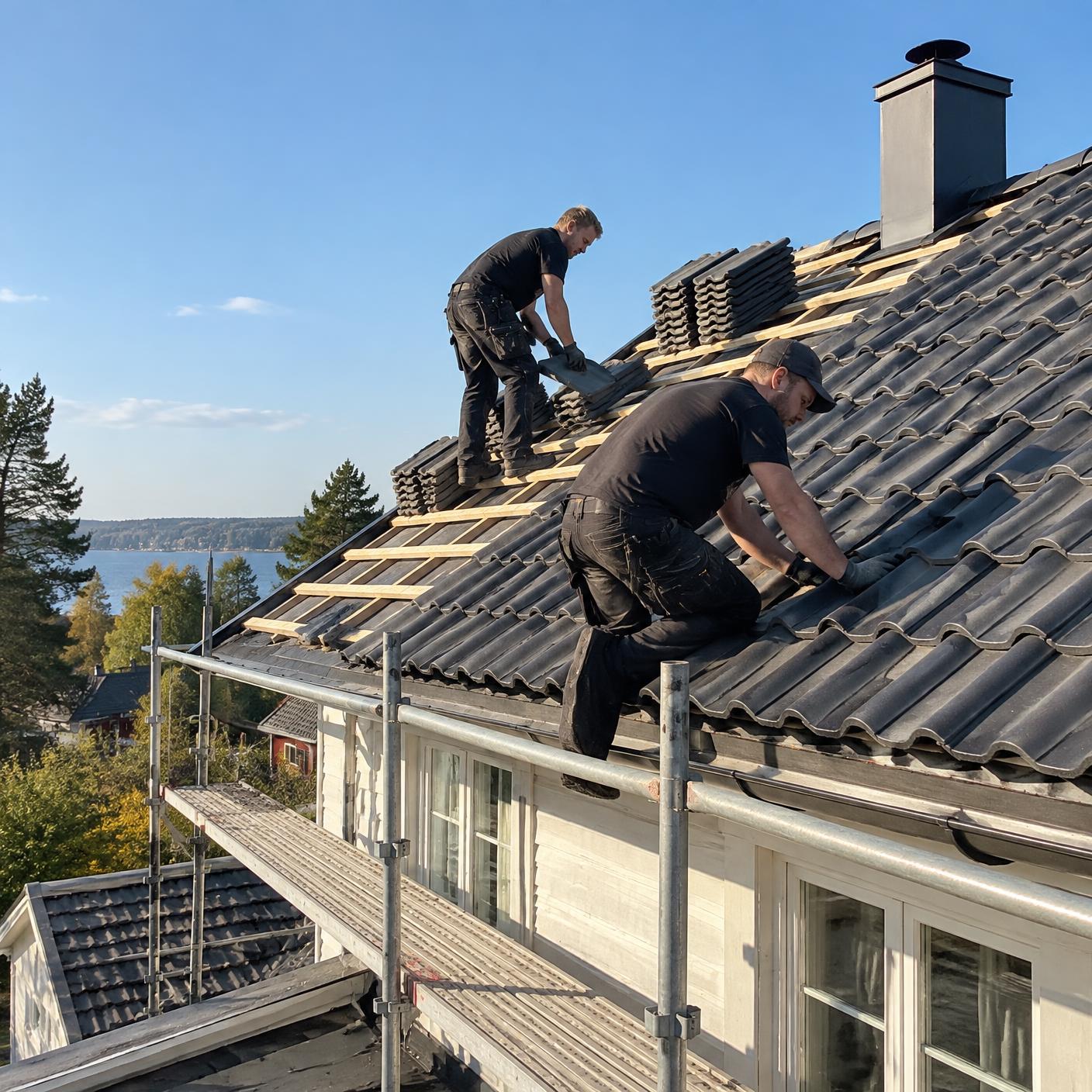 Takläggare som lägger nya betongpannor på en villa